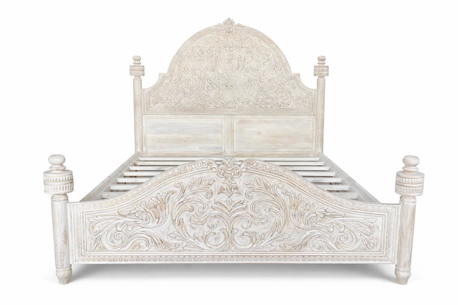 Aarohi Hand-Carved Whitewashed Panel Bed (King Size) - DOBRI ARTS AU
