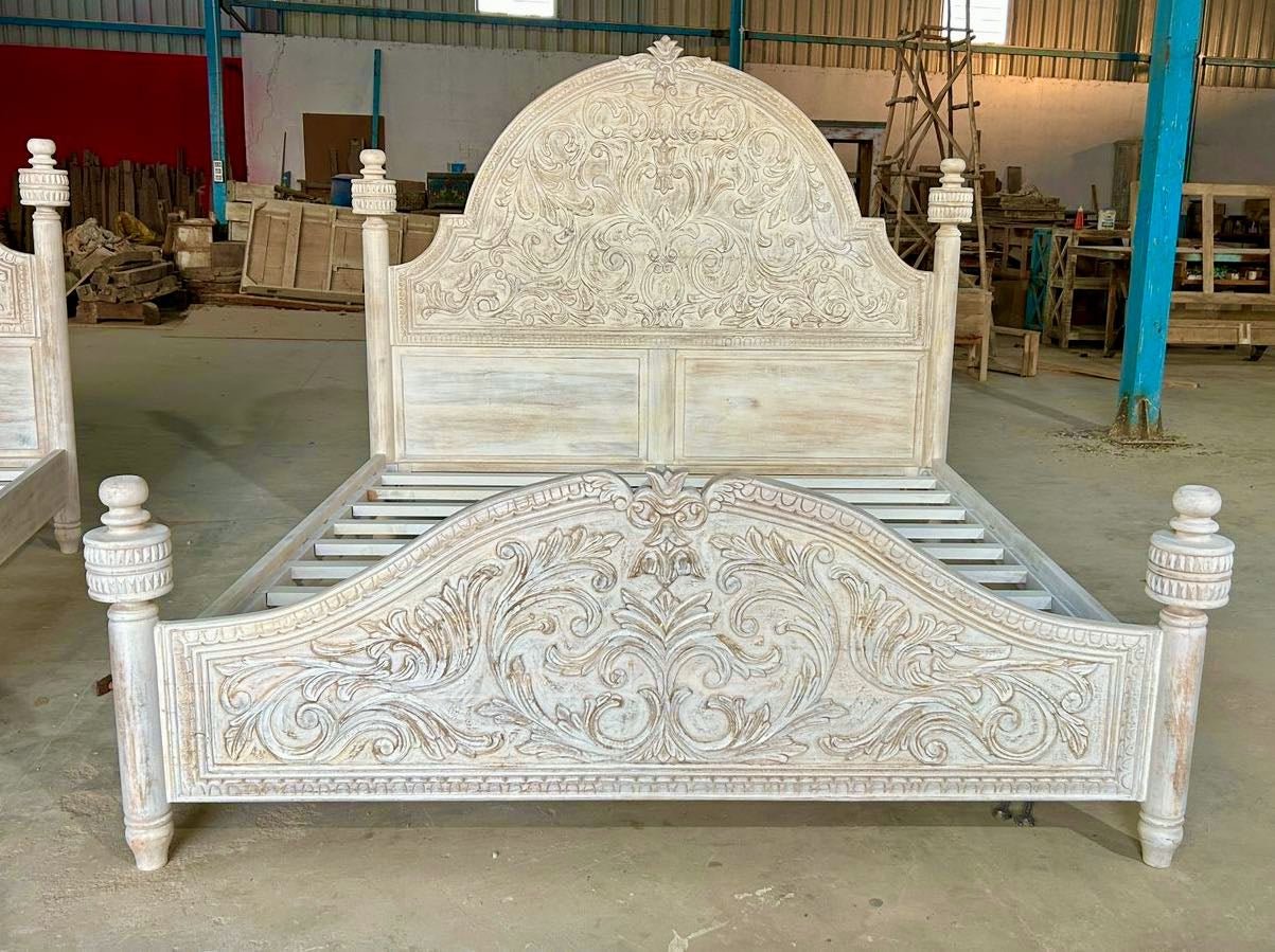 Aarohi Hand-Carved Whitewashed Panel Bed (King Size) - DOBRI ARTS AU
