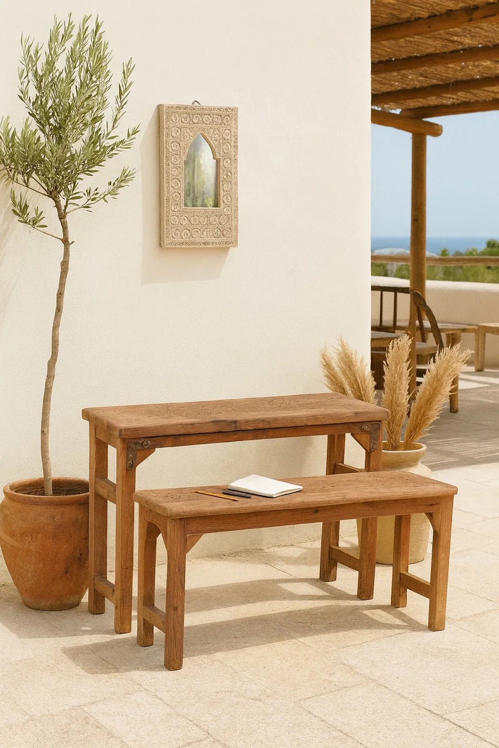 Adil Rustic Wooden Table & Bench Set - DOBRI ARTS AU
