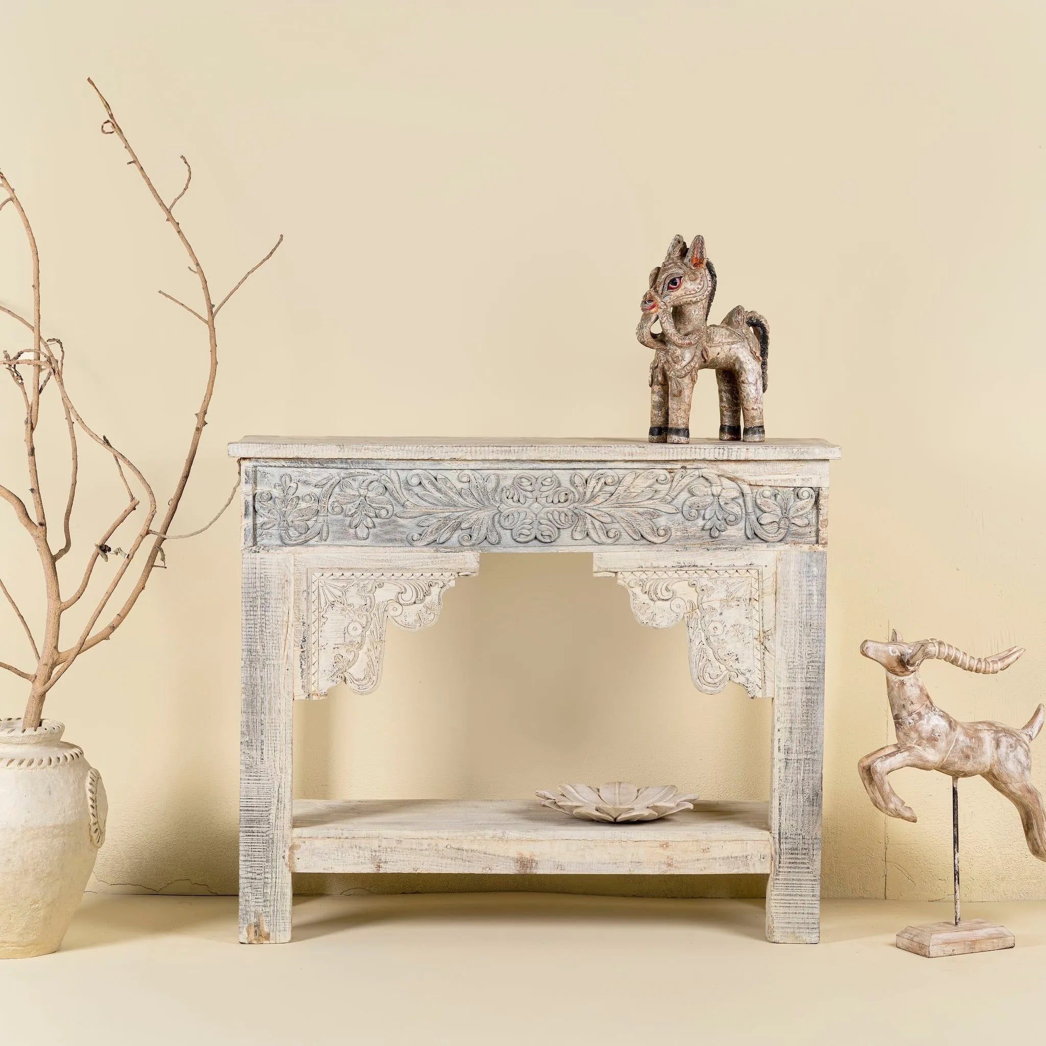 Adrit Carved Whitewash Console Table - DOBRI ARTS AU