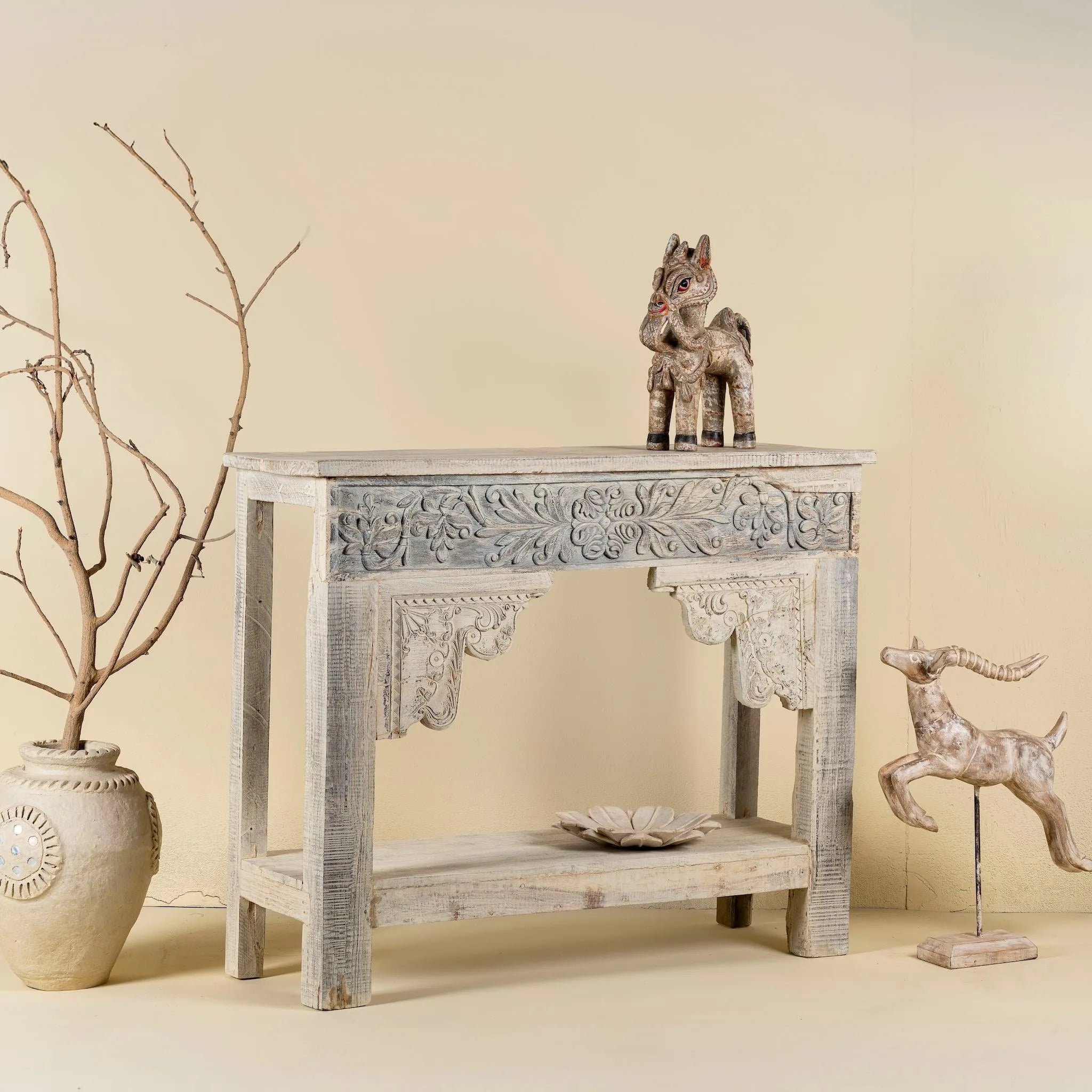 Adrit Carved Whitewash Console Table - DOBRI ARTS AU