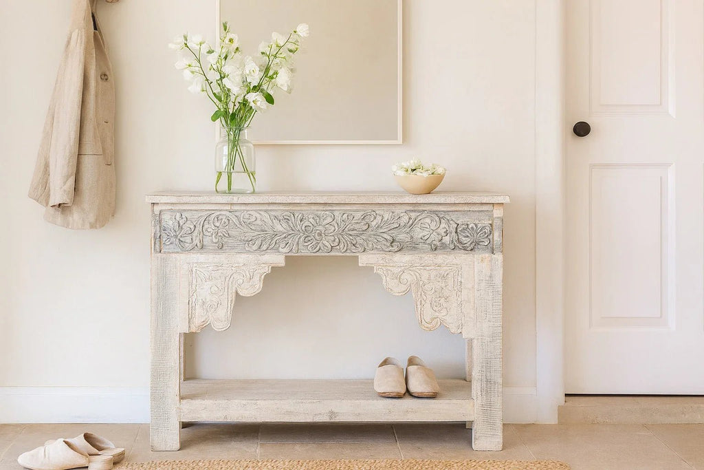 Adrit Carved Whitewash Console Table - DOBRI ARTS AU