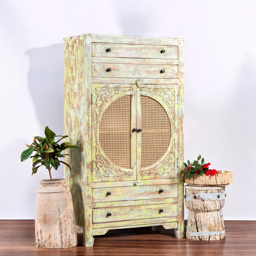 Agni Distressed Cane-Panel Wooden Storage Cabinet - DOBRI ARTS AU
