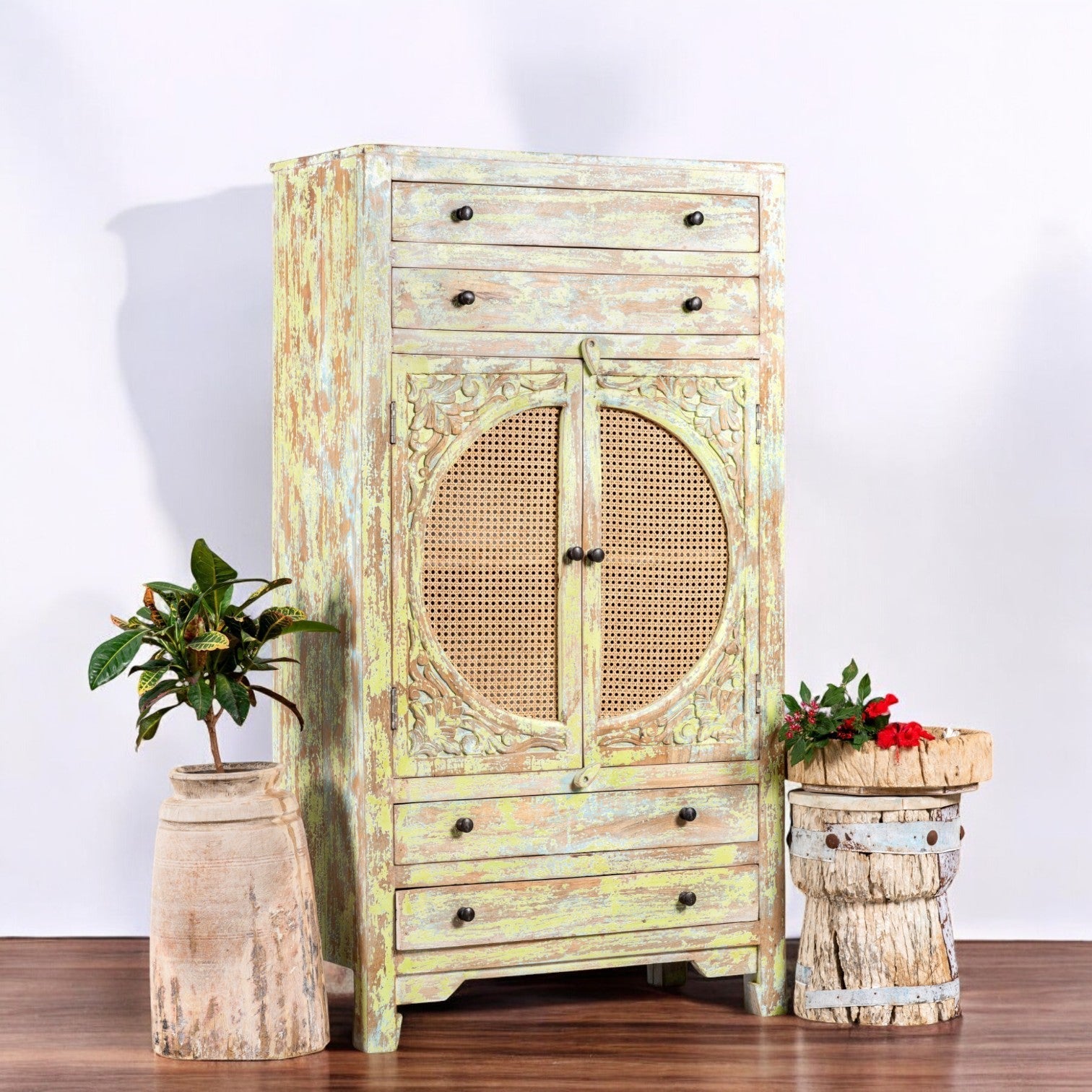 Agni Distressed Cane-Panel Wooden Storage Cabinet - DOBRI ARTS AU