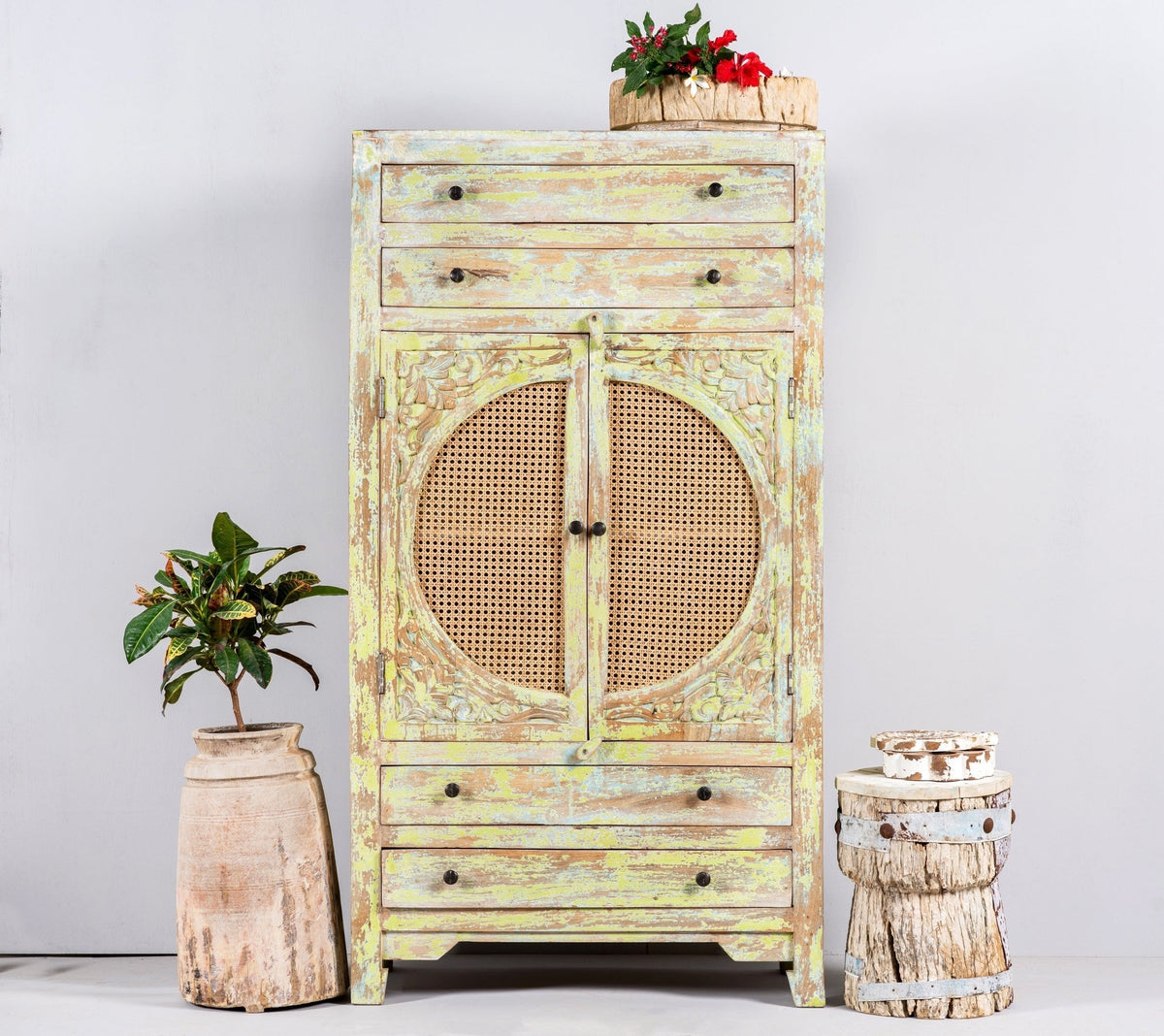 Agni Distressed Cane-Panel Wooden Storage Cabinet - DOBRI ARTS AU