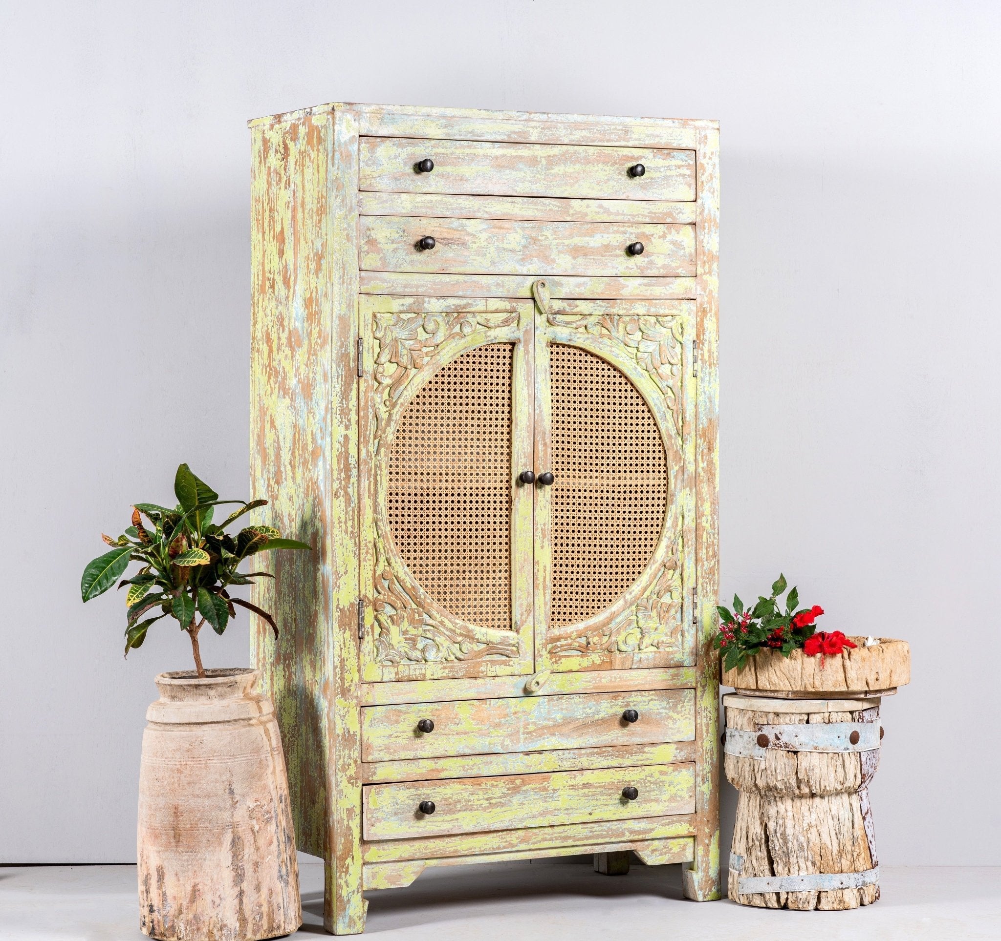 Agni Distressed Cane-Panel Wooden Storage Cabinet - DOBRI ARTS AU