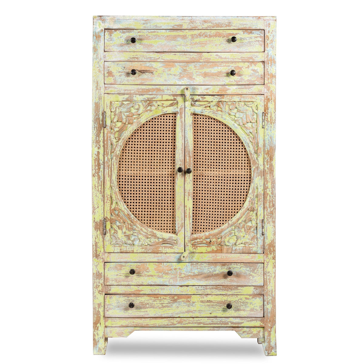 Agni Distressed Cane-Panel Wooden Storage Cabinet - DOBRI ARTS AU