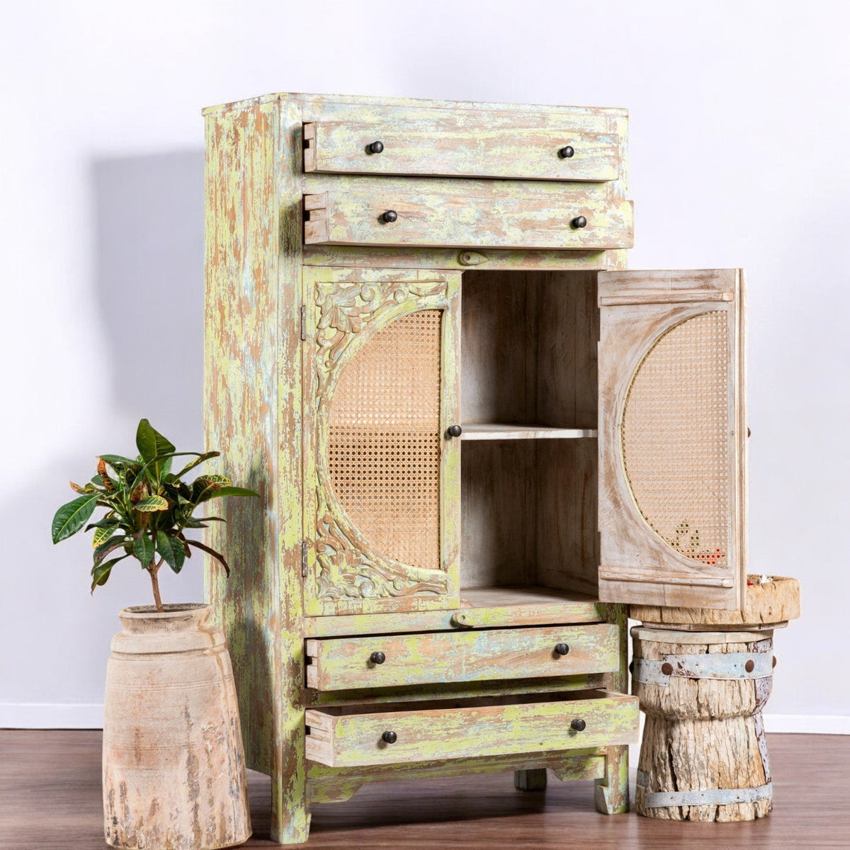 Agni Distressed Cane-Panel Wooden Storage Cabinet - DOBRI ARTS AU