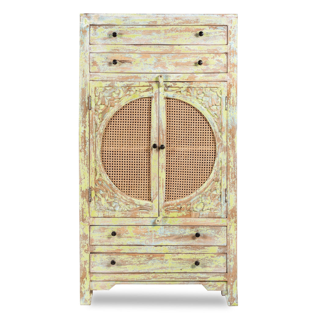 Agni Distressed Cane-Panel Wooden Storage Cabinet - DOBRI ARTS AU