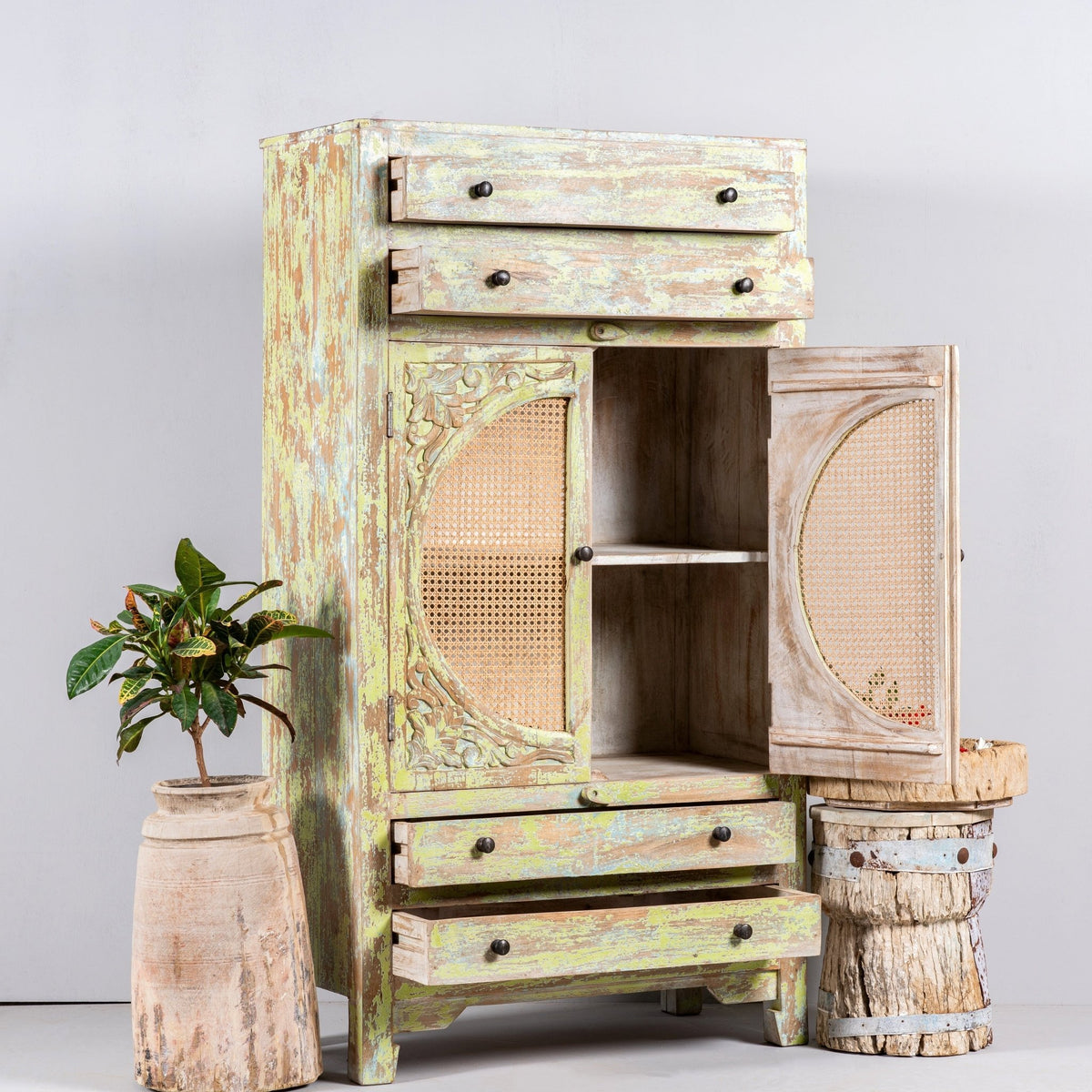 Agni Distressed Cane-Panel Wooden Storage Cabinet - DOBRI ARTS AU
