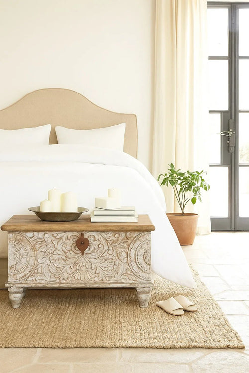Ahil Hand-Carved Mango Wood Storage Chest with Vintage Whitewashed Finish - DOBRI ARTS AU