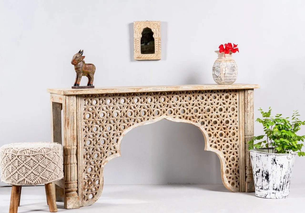 Aisha Intricate Jali Carved Wooden Console Table - DOBRI ARTS AU