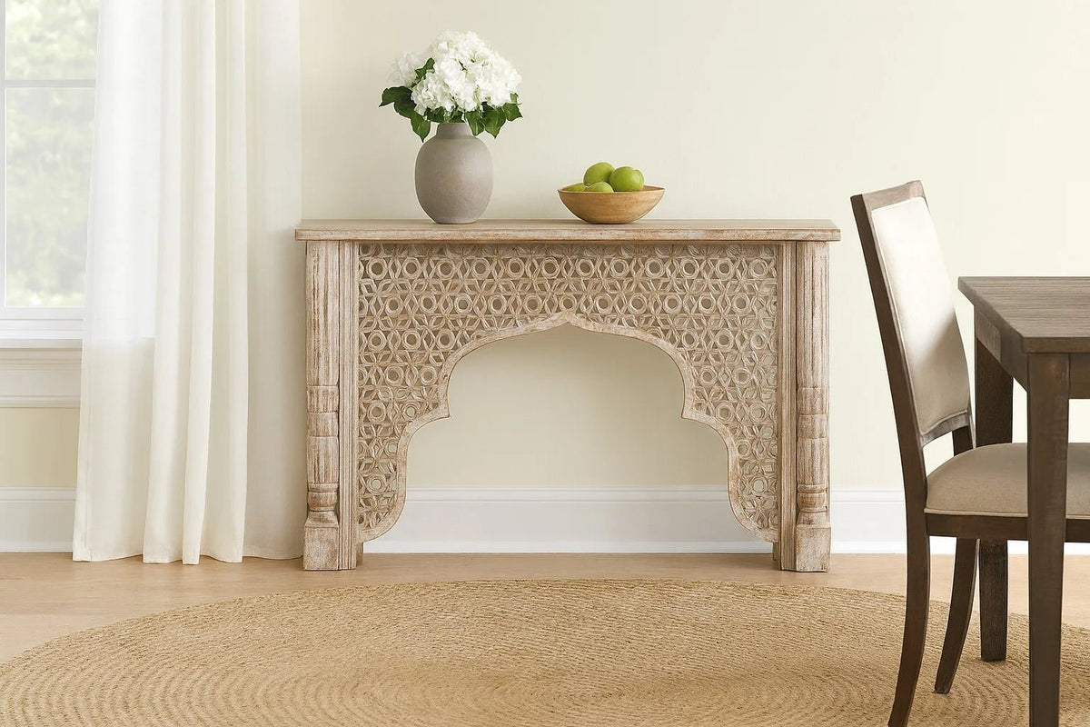 Aisha Intricate Jali Carved Wooden Console Table - DOBRI ARTS AU