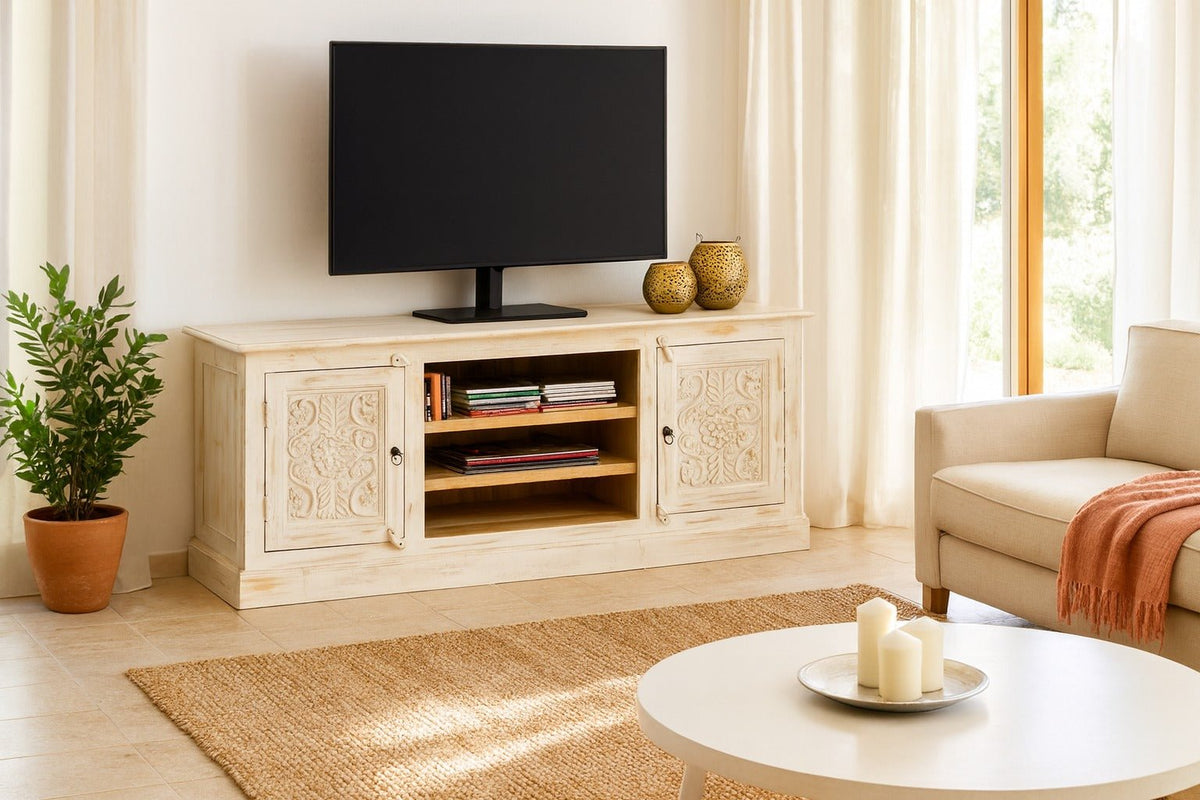 Aizawee Hand-Carved Mango Wood TV Lowboard - DOBRI ARTS AU