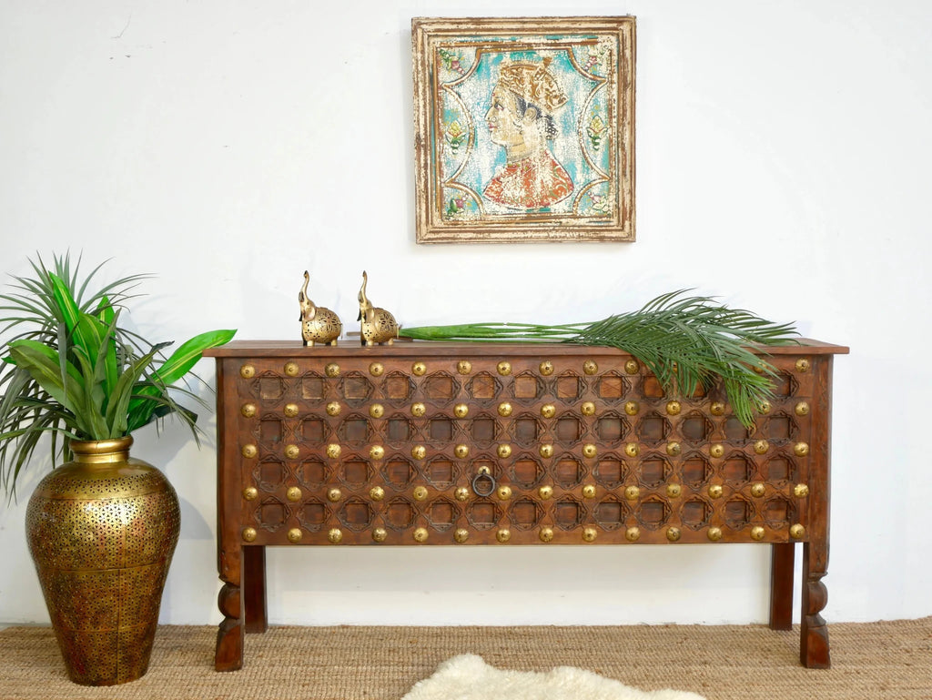 Aligarh Grand Studded Teak Wood Console Table - DOBRI ARTS AU