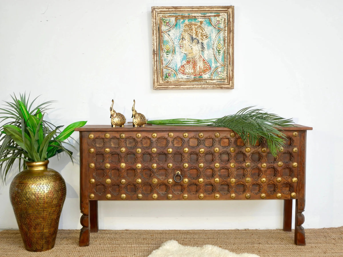 Aligarh Grand Studded Teak Wood Console Table - DOBRI ARTS AU