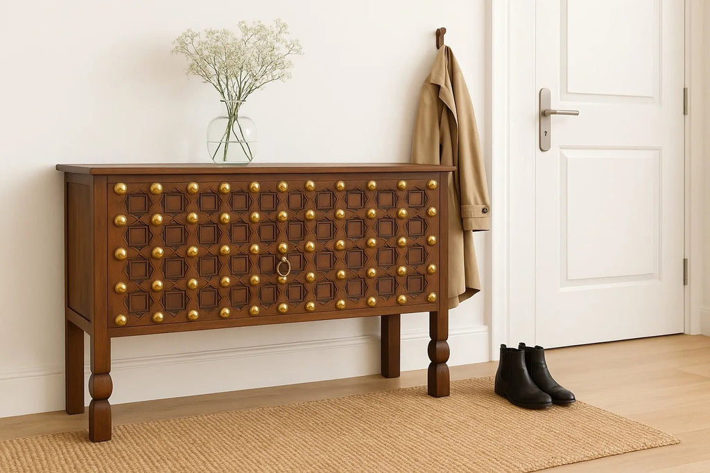 Aligarh Grand Studded Teak Wood Console Table - DOBRI ARTS AU