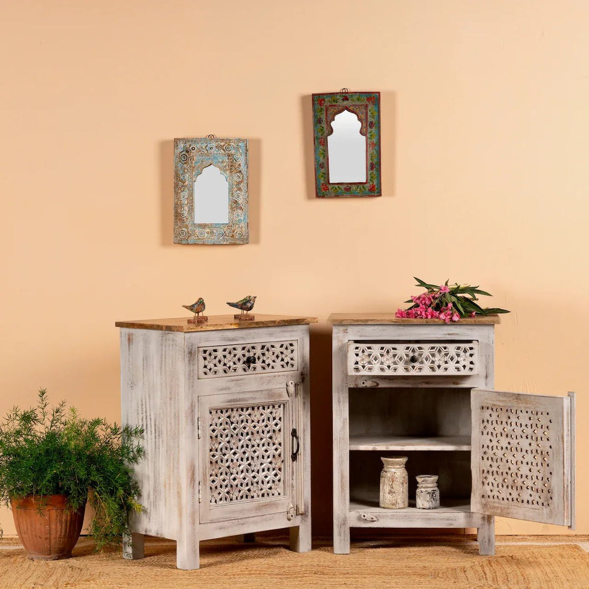 Alina Lattice Carved Bedside Cabinet Set - DOBRI ARTS AU