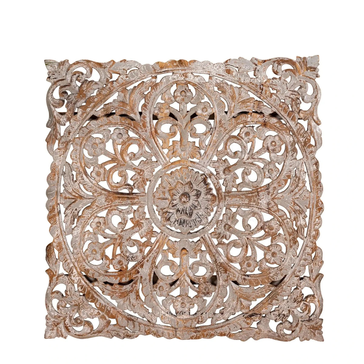 Alina Whitewashed Mango Wood Carved Wall Panel - DOBRI ARTS AU