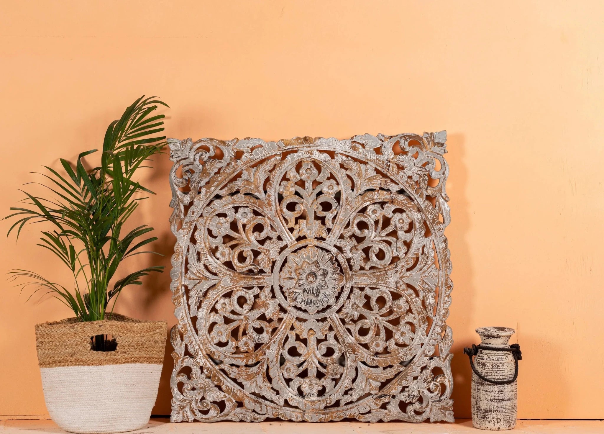 Alina Whitewashed Mango Wood Carved Wall Panel - DOBRI ARTS AU