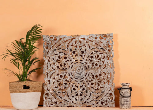 Alina Whitewashed Mango Wood Carved Wall Panel - DOBRI ARTS AU