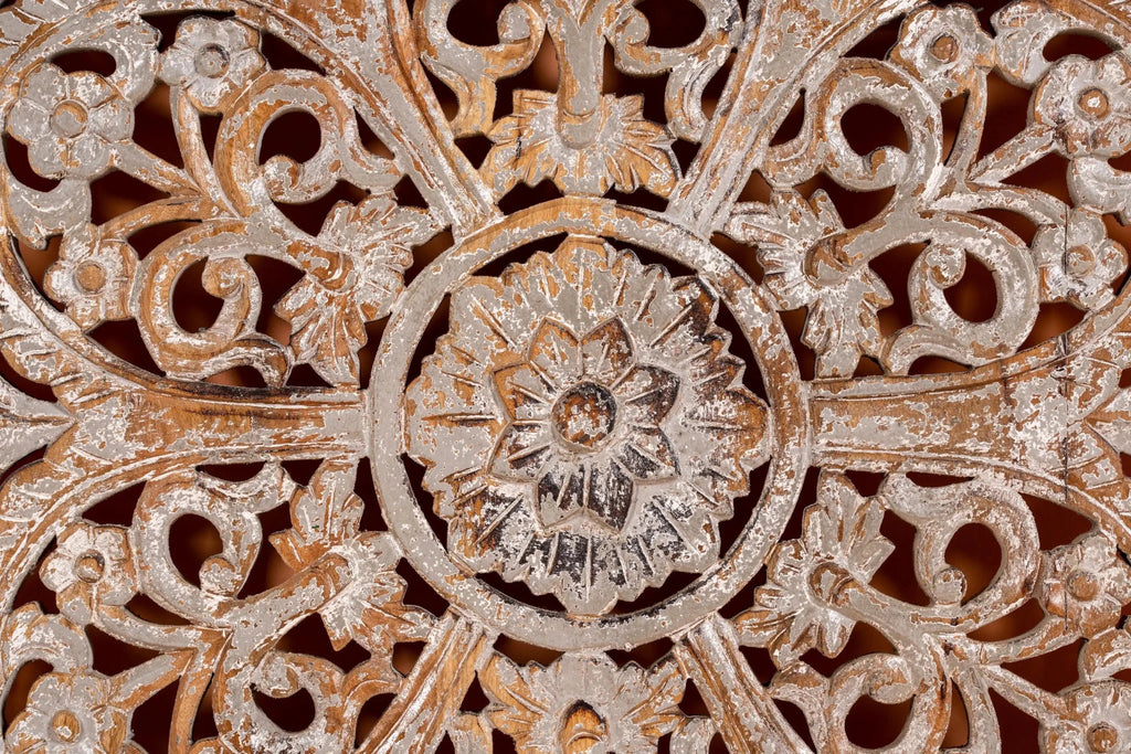 Alina Whitewashed Mango Wood Carved Wall Panel - DOBRI ARTS AU