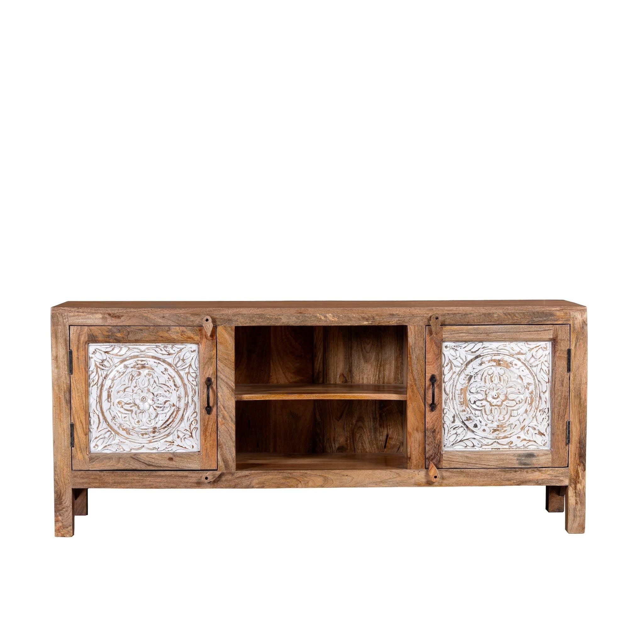 Alka Hand-Carved Mango Wood Lowboard with White Mandala Panels - DOBRI ARTS AU