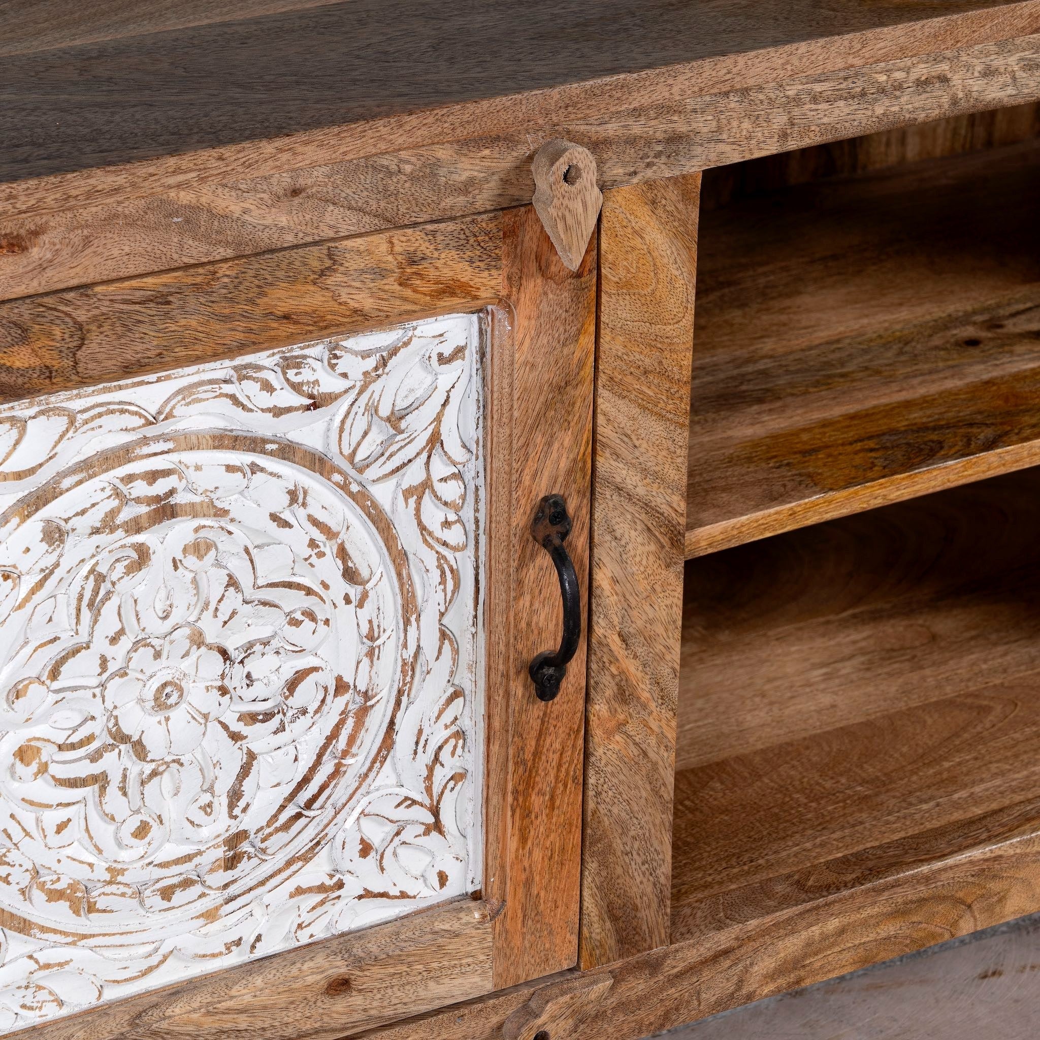 Alka Hand-Carved Mango Wood Lowboard with White Mandala Panels - DOBRI ARTS AU