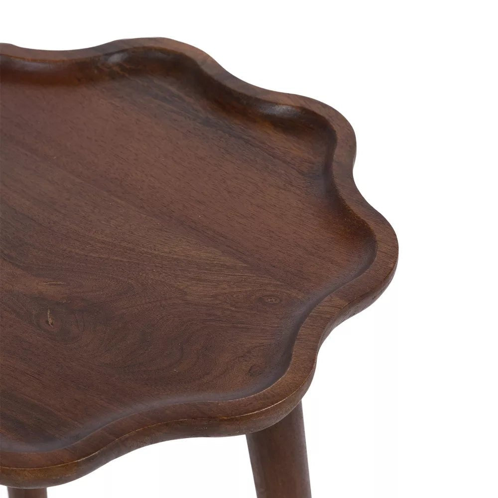 Amara Solid Wood Scalloped Side Table – Walnut Brown Round Accent Table, Decorative End Table & Bedside Stand - DOBRI ARTS AU