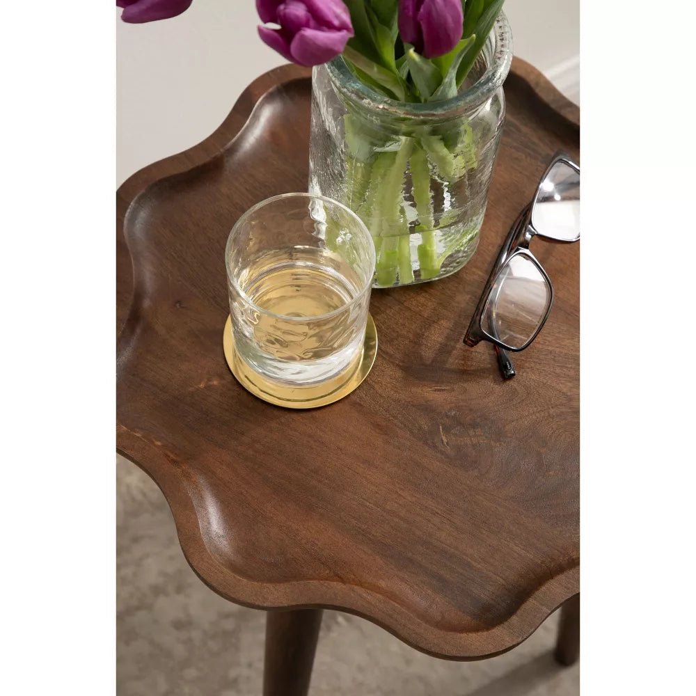 Amara Solid Wood Scalloped Side Table – Walnut Brown Round Accent Table, Decorative End Table & Bedside Stand - DOBRI ARTS AU