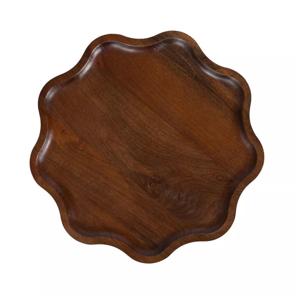 Amara Solid Wood Scalloped Side Table – Walnut Brown Round Accent Table, Decorative End Table & Bedside Stand - DOBRI ARTS AU