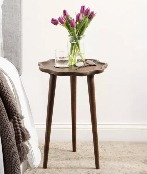 Amara Solid Wood Scalloped Side Table – Walnut Brown Round Accent Table, Decorative End Table & Bedside Stand - DOBRI ARTS AU