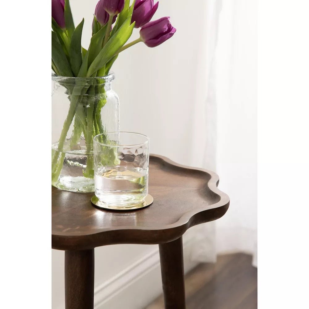 Amara Solid Wood Scalloped Side Table – Walnut Brown Round Accent Table, Decorative End Table & Bedside Stand - DOBRI ARTS AU
