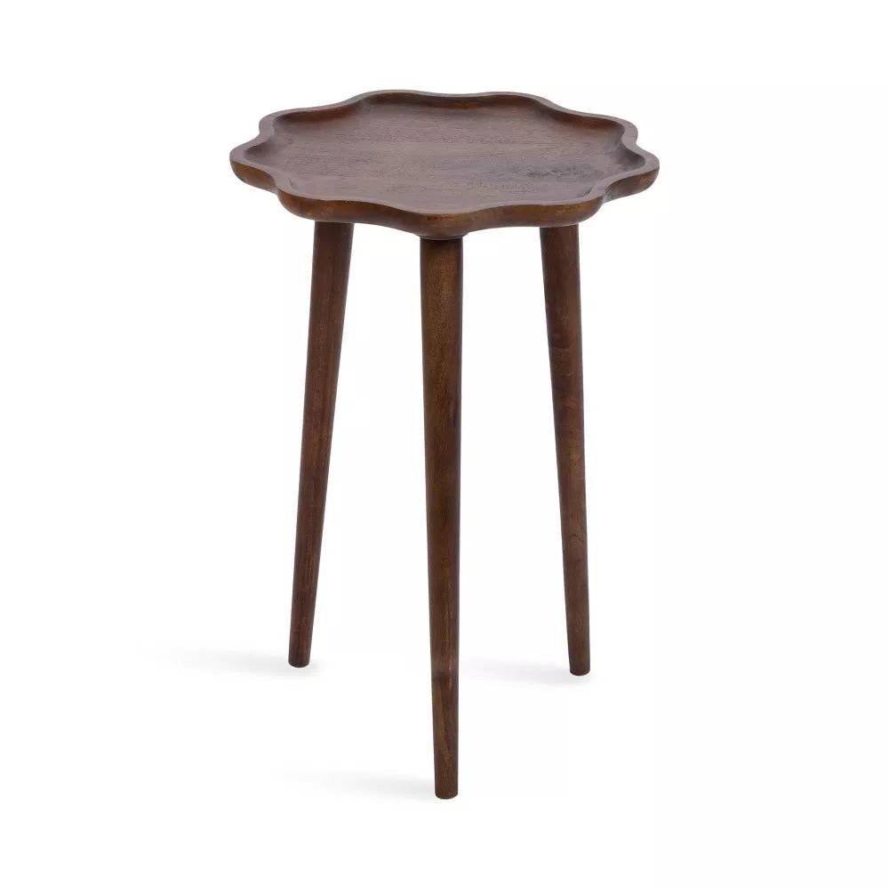 Amara Solid Wood Scalloped Side Table – Walnut Brown Round Accent Table, Decorative End Table & Bedside Stand - DOBRI ARTS AU
