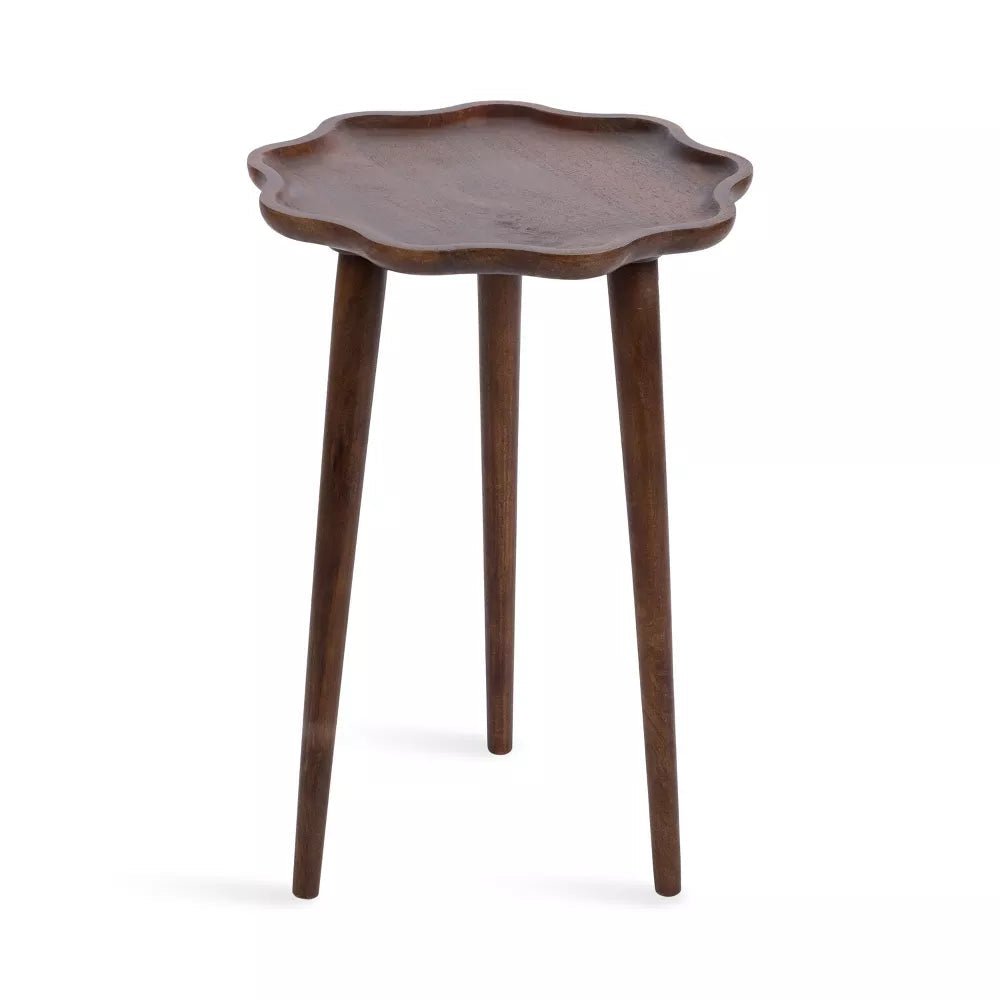 Amara Solid Wood Scalloped Side Table – Walnut Brown Round Accent Table, Decorative End Table & Bedside Stand - DOBRI ARTS AU