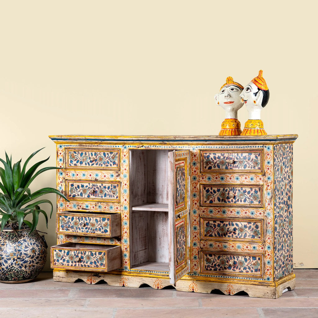 Amrit Hand-Painted Floral Mango Wood Sideboard - DOBRI ARTS AU