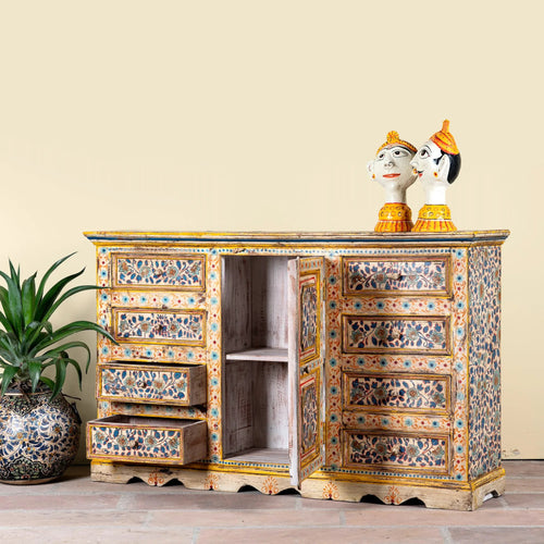 Amrit Hand-Painted Floral Mango Wood Sideboard - DOBRI ARTS AU