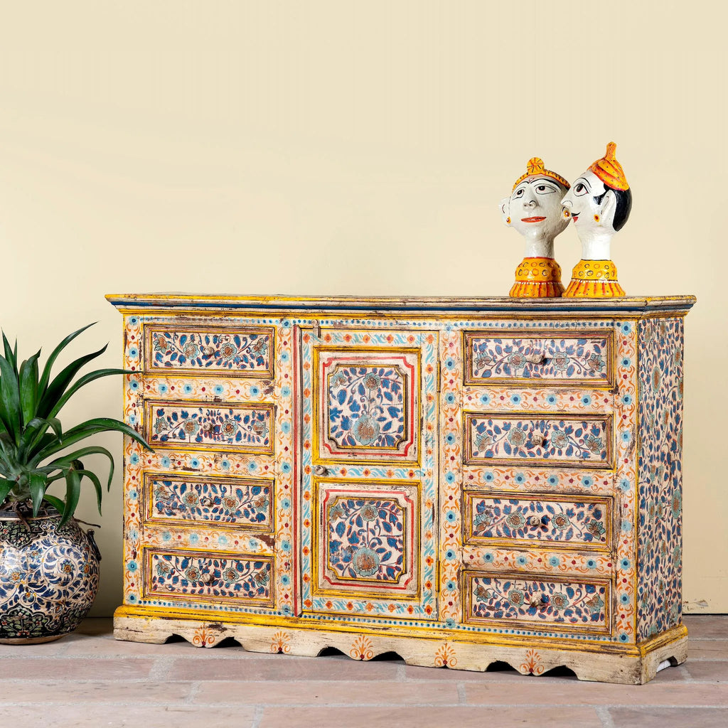 Amrit Hand-Painted Floral Mango Wood Sideboard - DOBRI ARTS AU