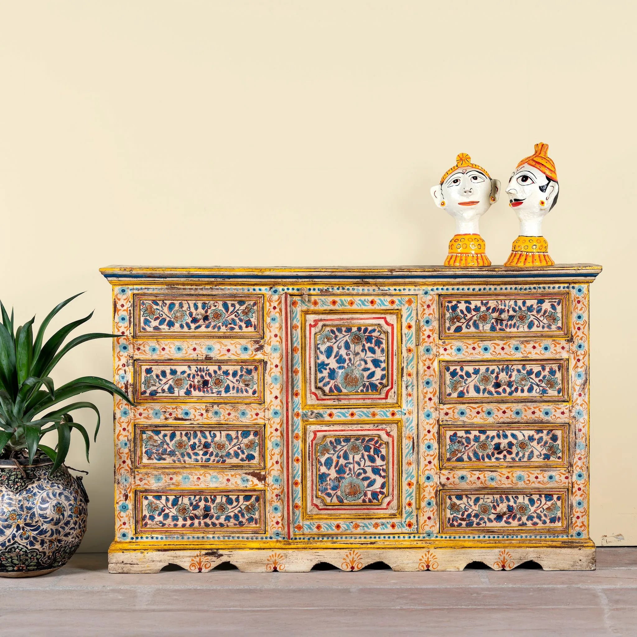 Amrit Hand-Painted Floral Mango Wood Sideboard - DOBRI ARTS AU