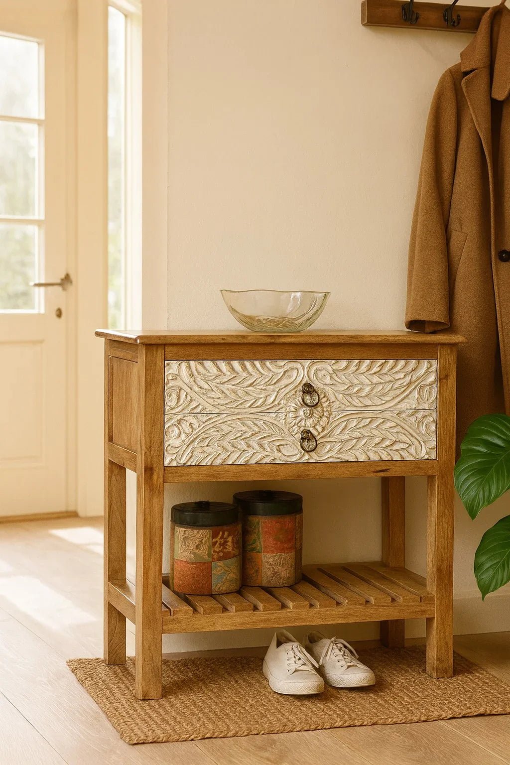 Amritsar Hand-Carved Mango Wood Console Table with Dual Drawer Storage - DOBRI ARTS AU