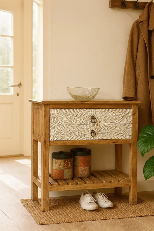 Amritsar Hand-Carved Mango Wood Console Table with Dual Drawer Storage - DOBRI ARTS AU