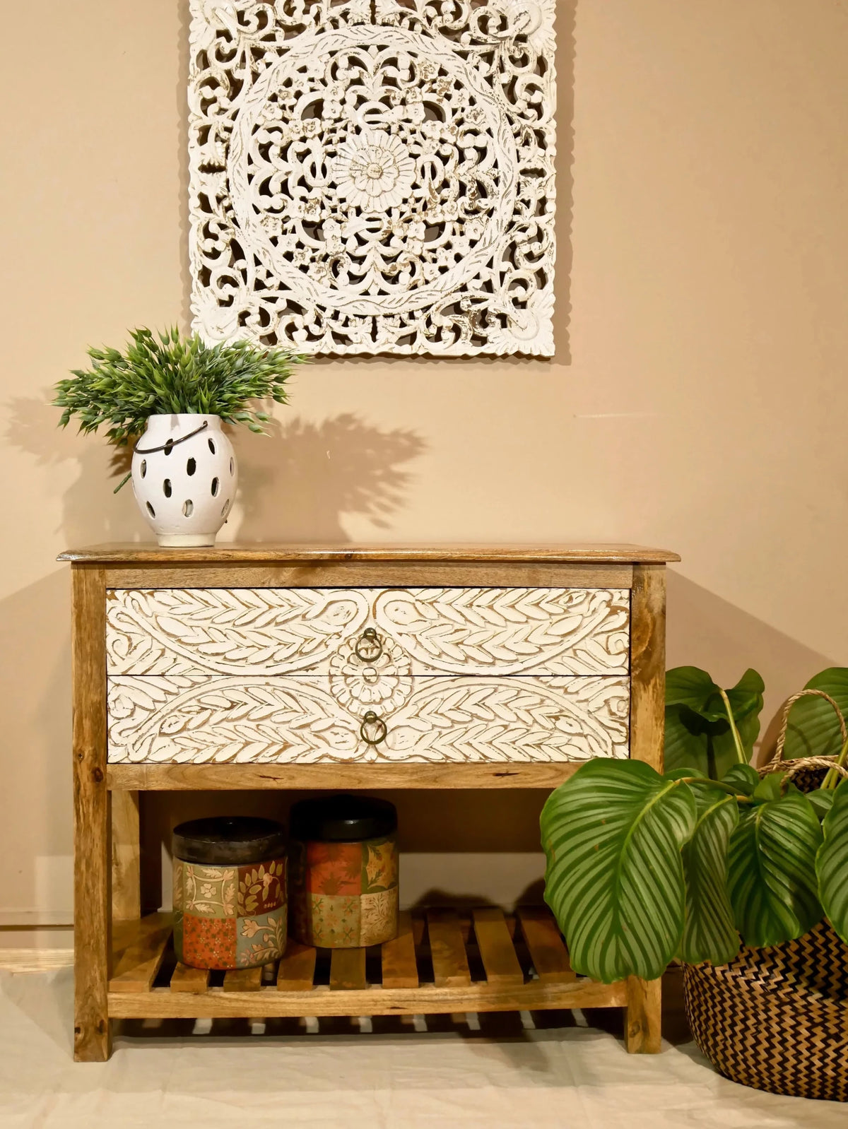 Amritsar Hand-Carved Mango Wood Console Table with Dual Drawer Storage - DOBRI ARTS AU