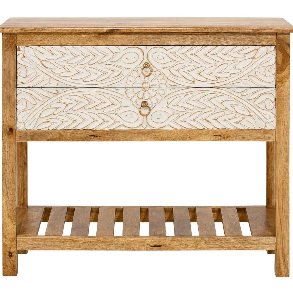 Amritsar Hand-Carved Mango Wood Console Table with Dual Drawer Storage - DOBRI ARTS AU