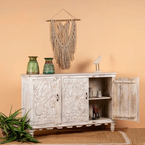 Ananta Hand-Carved Whitewashed Mango Wood Cabinet - DOBRI ARTS AU