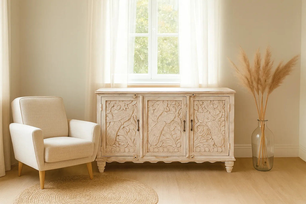 Ananta Hand-Carved Whitewashed Mango Wood Cabinet - DOBRI ARTS AU
