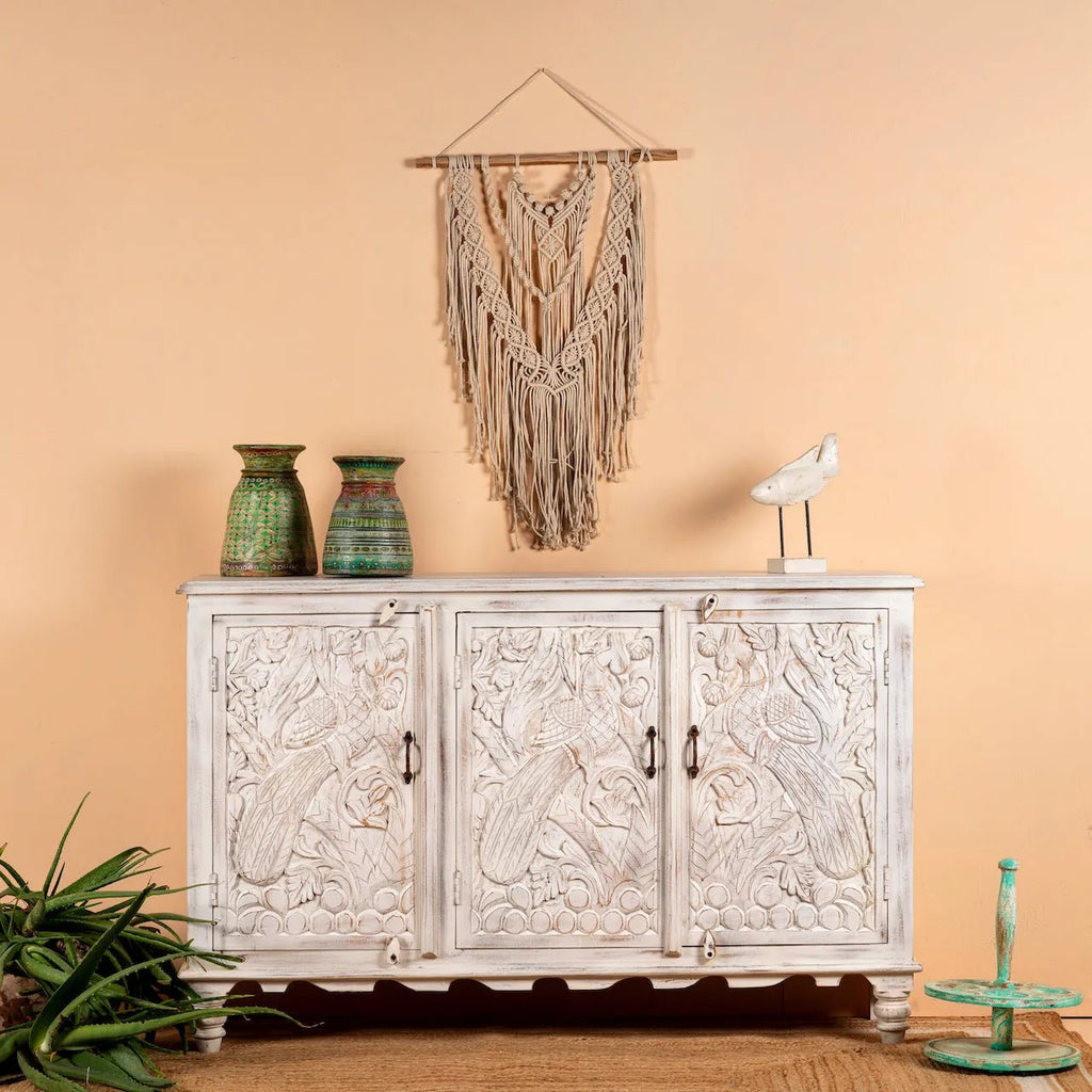 Ananta Hand-Carved Whitewashed Mango Wood Cabinet - DOBRI ARTS AU