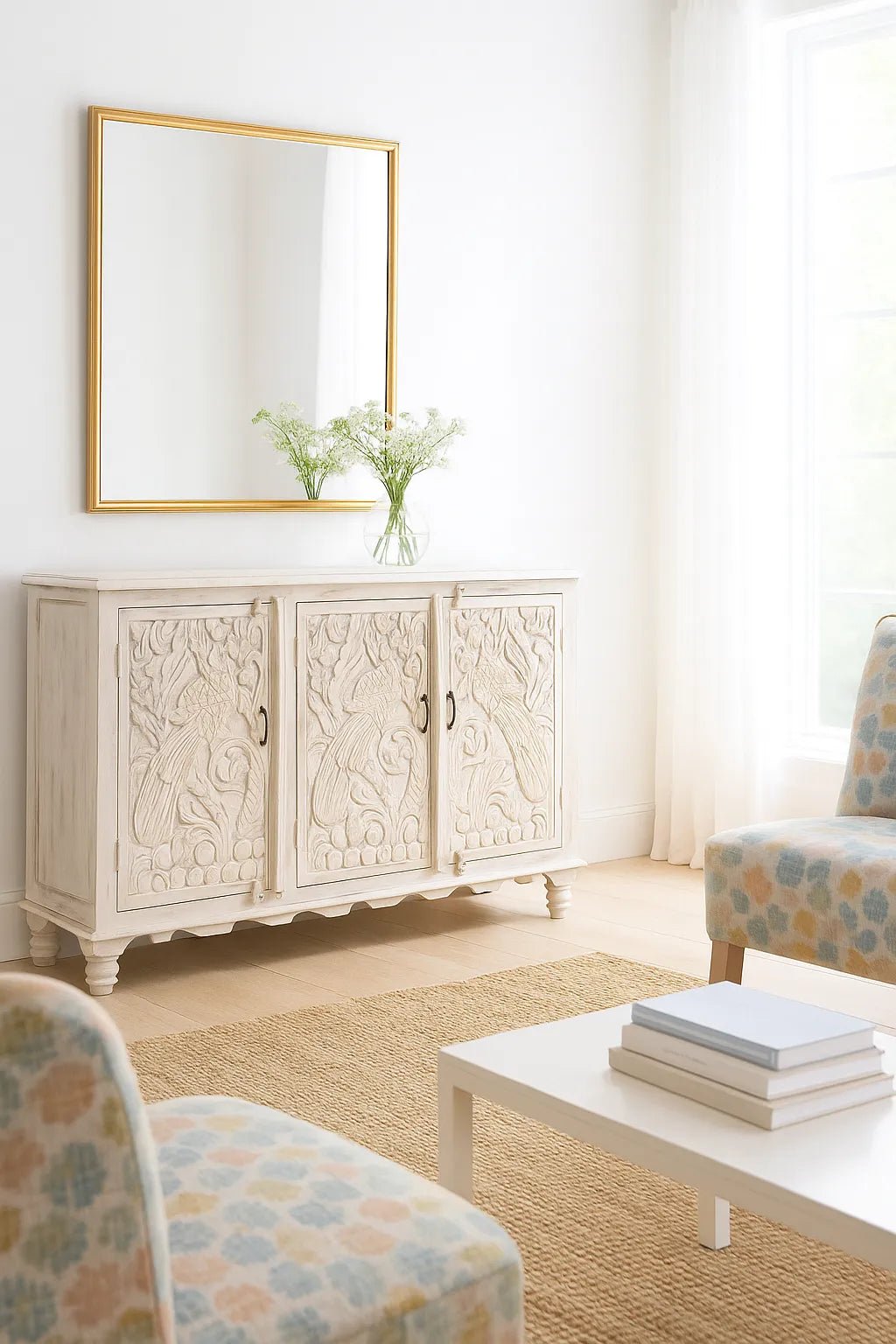 Ananta Hand-Carved Whitewashed Mango Wood Cabinet - DOBRI ARTS AU