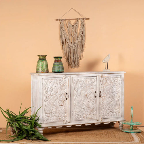 Ananta Hand-Carved Whitewashed Mango Wood Cabinet - DOBRI ARTS AU