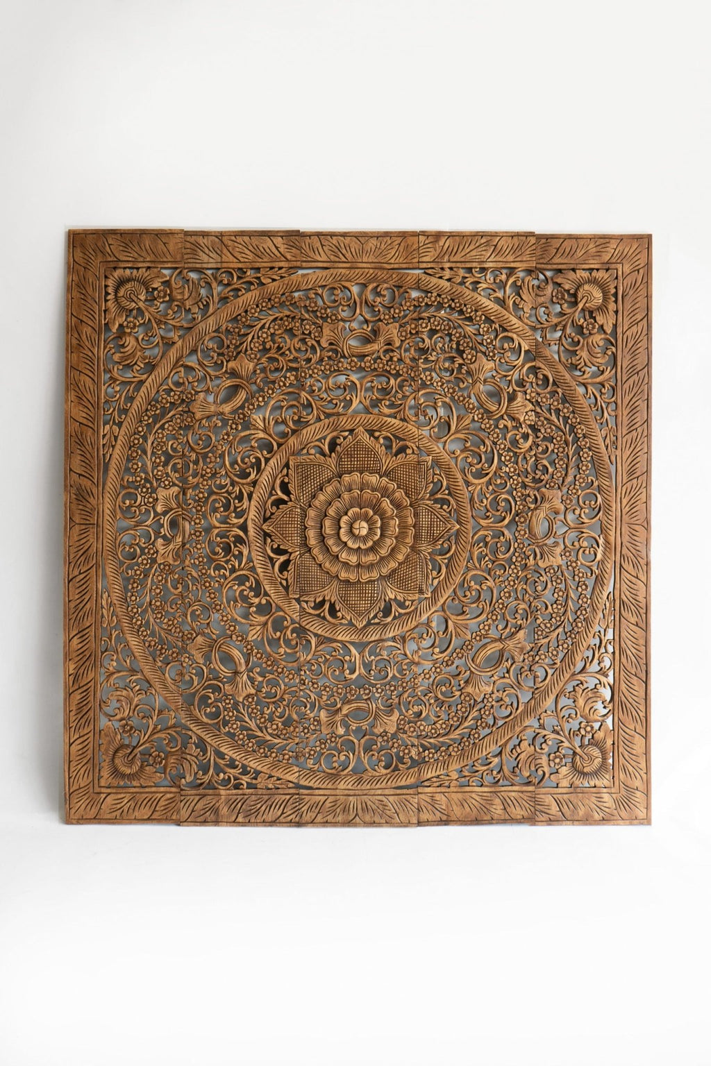 Antique Hand Carved Mango Wood Headboard – Ornate Floral Mandala Wall Panel, Natural Finish - DOBRI ARTS AU