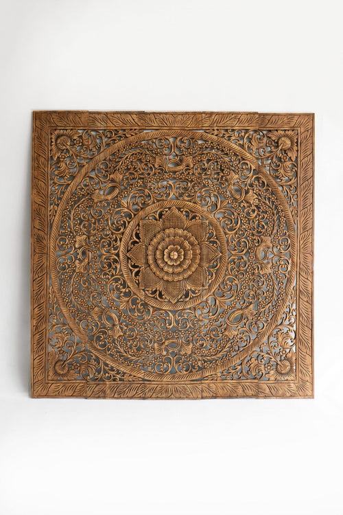 Antique Hand Carved Mango Wood Headboard – Ornate Floral Mandala Wall Panel, Natural Finish - DOBRI ARTS AU